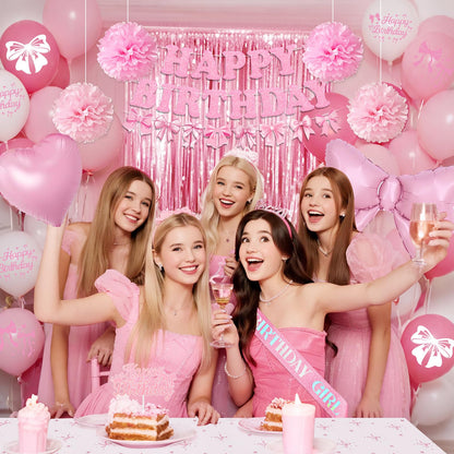 Pink Bow Birthday Decorations, Coquette Party Supplies with Balloons, Fringe Curtain, Birthday Sash, Pink Hair Bow, Tablecloth, Banner, Paper Pompoms, Cake Topper for Women Girls Bday Party Decor 🍁 All In One Marketplace Canada