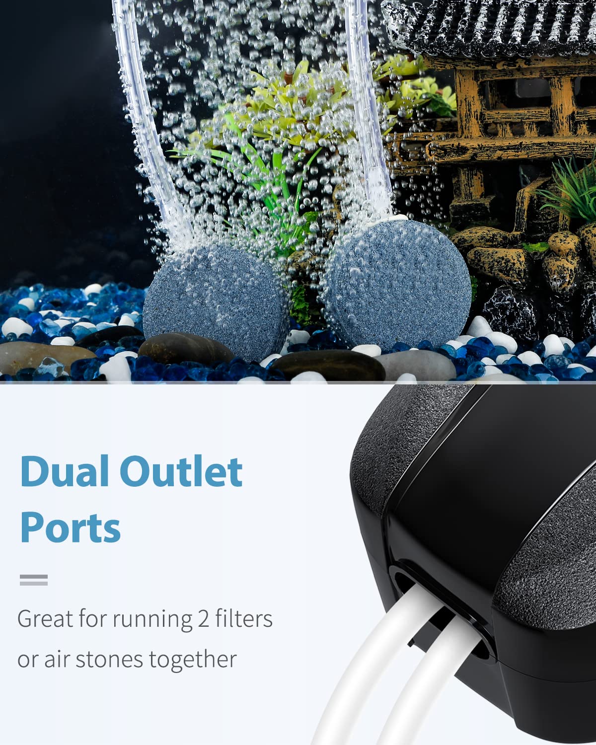 Pawfly Adjustable Aquarium Air Pump 4-LPM 2 Outlets with Oxygen Accessories for 20-100 Gallon Fish Tank Pond - Available at All In One Marketplace Canada