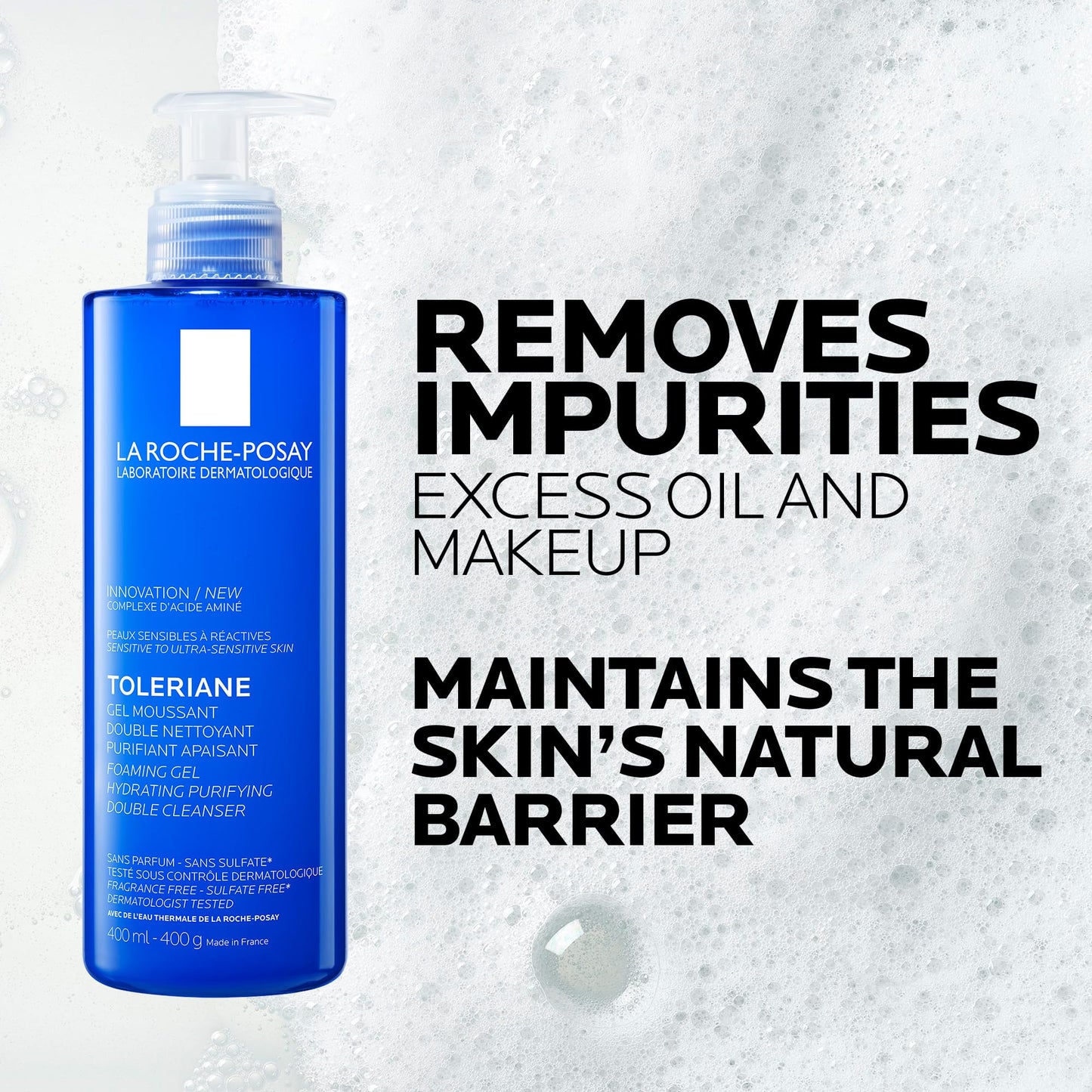 La Roche Posay Double Face Cleanser, Toleriane Hydrating Purifying Foaming Gel, Removes Makeup & Impurities, with Niacinamide & Amino Acids, Fragrance Free, Recommended by Dermatologists, 400ml La Roche-Posay