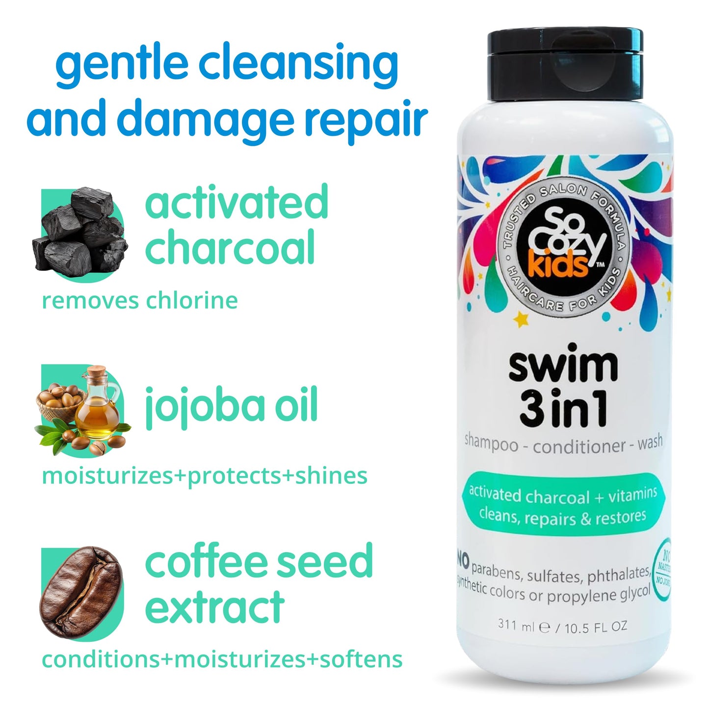SoCozy Kids Swim 3-in-1 Shampoo, Conditioner & Body Wash - 3-in-1 Combo Pool Shampoo & Conditioner for Swimmers - Salt & Chlorine Removing Activated Charcoal for Toddler & Kids Hair After Swimming SO COZY