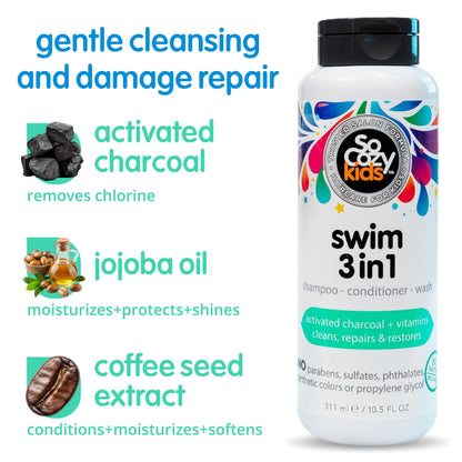 SoCozy Kids Swim 3-in-1 Shampoo, Conditioner & Body Wash - 3-in-1 Combo Pool Shampoo & Conditioner for Swimmers - Salt & Chlorine Removing Activated Charcoal for Toddler & Kids Hair After Swimming SO COZY