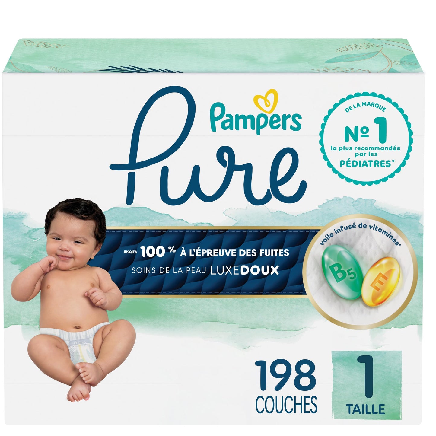 Pampers Pure Baby Diapers, Size 1 (8-14 lbs), 198, Up to 100% Leakproof, Premium Hypoallergenic Soft Diapers