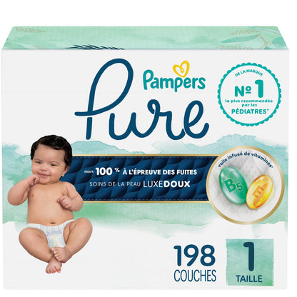 Pampers Pure Baby Diapers, Size 1 (8-14 lbs), 198, Up to 100% Leakproof, Premium Hypoallergenic Soft Diapers