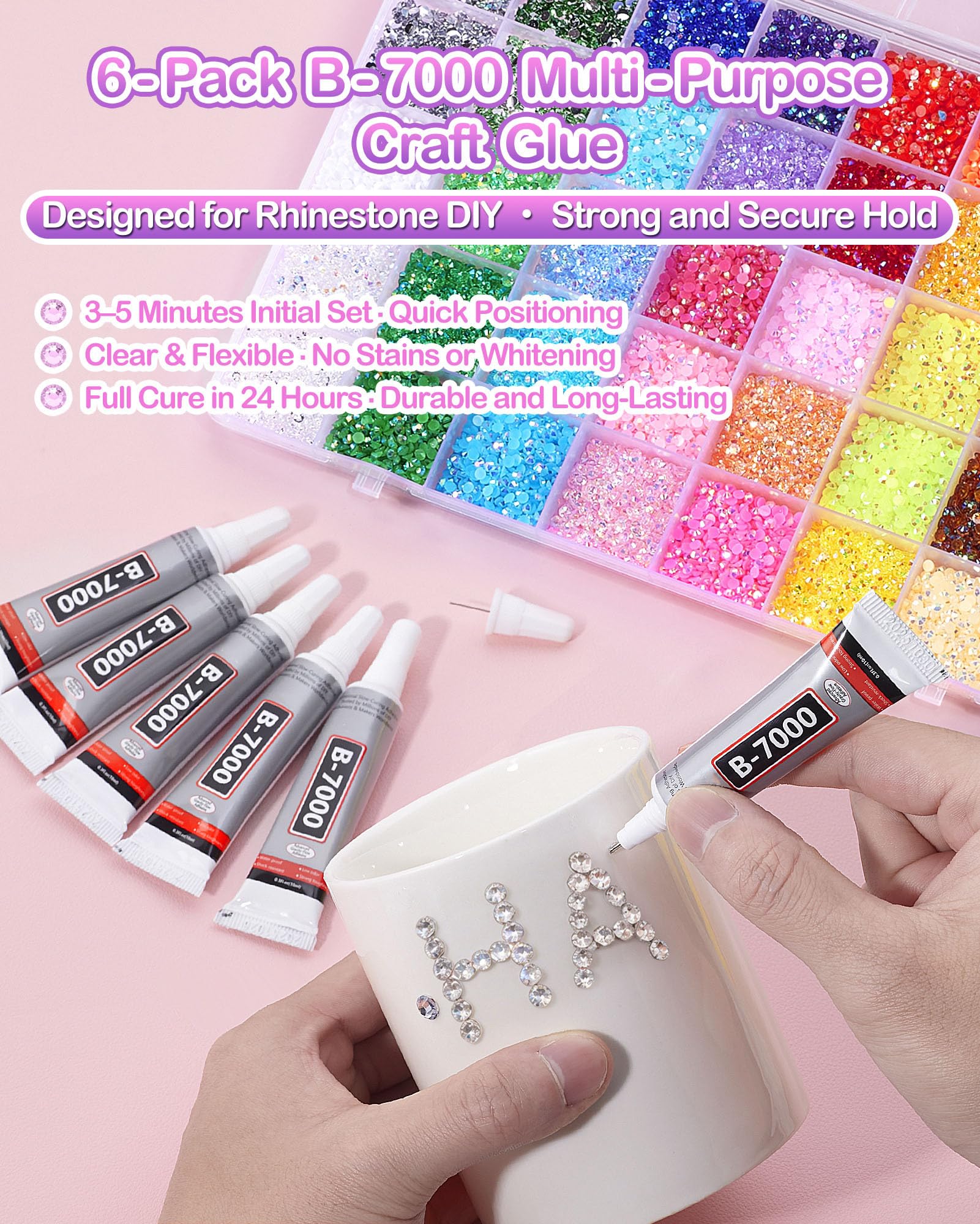 62,000pcs/64-Cells Bedazzling Kit, with 32,000pcs 3mm Nail Rhinestones in 40Colors for Bedazzling & 30,000pcs Clear Flatback Nail gems,6 Bottles B7000 Jewelry Glue, 2 Tweezers & 2 Dotting Pens - Available at All In One Marketplace Canada