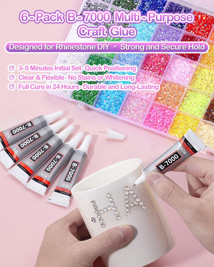 62,000pcs/64-Cells Bedazzling Kit, with 32,000pcs 3mm Nail Rhinestones in 40Colors for Bedazzling & 30,000pcs Clear Flatback Nail gems,6 Bottles B7000 Jewelry Glue, 2 Tweezers & 2 Dotting Pens - Available at All In One Marketplace Canada
