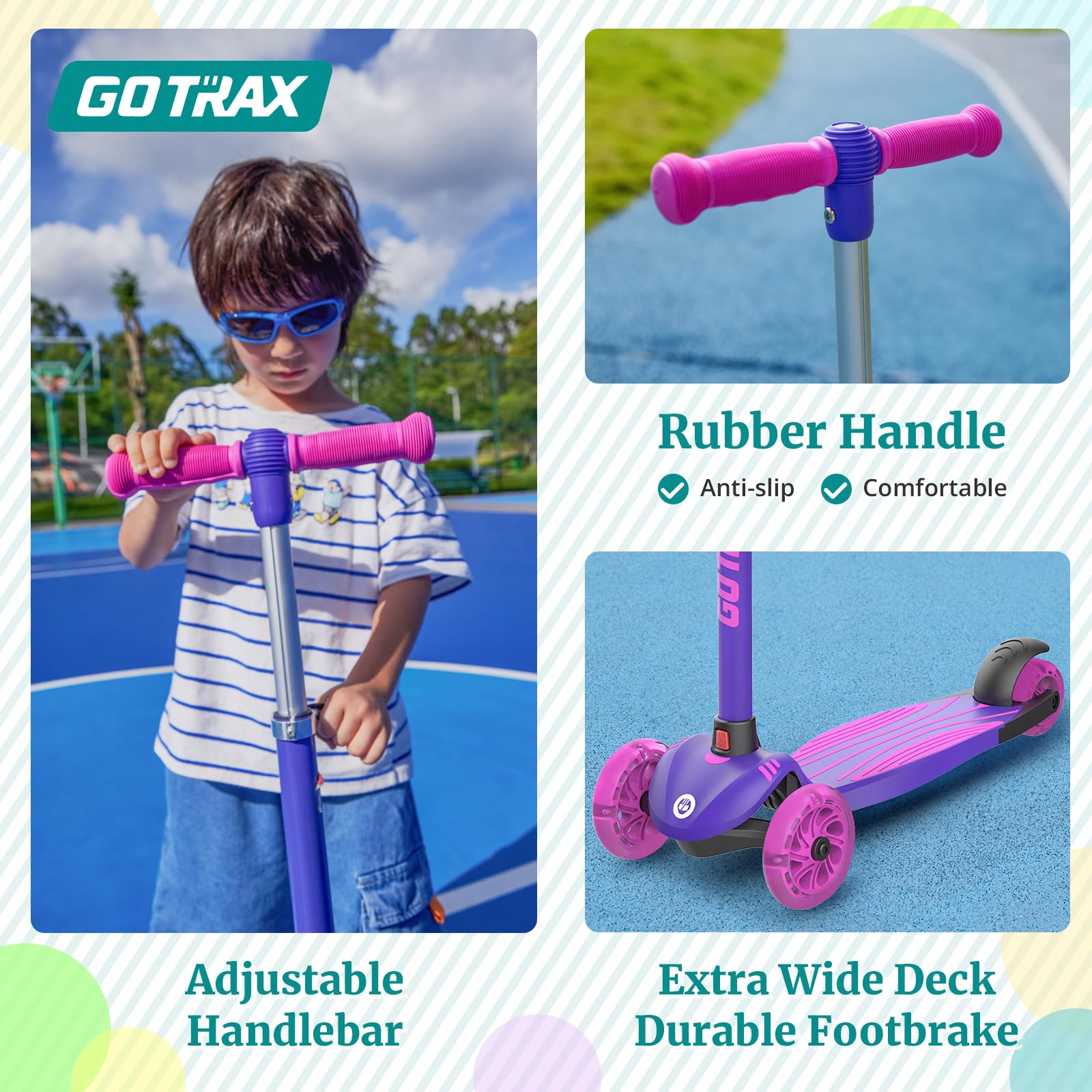 Gotrax KS1 Kids Kick Scooter, LED Lighted Wheels and 3 Adjustable Height Handlebars, Lean-to-Steer & Widen Anti-Slip Deck, 3 Wheel Scooter for Boys & Girls Ages 3+ and up to 100 Lbs (Purple)