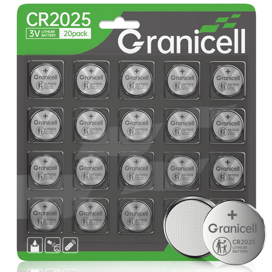 Granicell 2025 Battery Compatible with Medical and Fitness Devices CR2025 Lithium 3V Coin Battery for Child Safety, Suitable for Key Fobs,Car Remote, Watch, Candle and More (CR2025-20) - Available at All In One Marketplace Canada