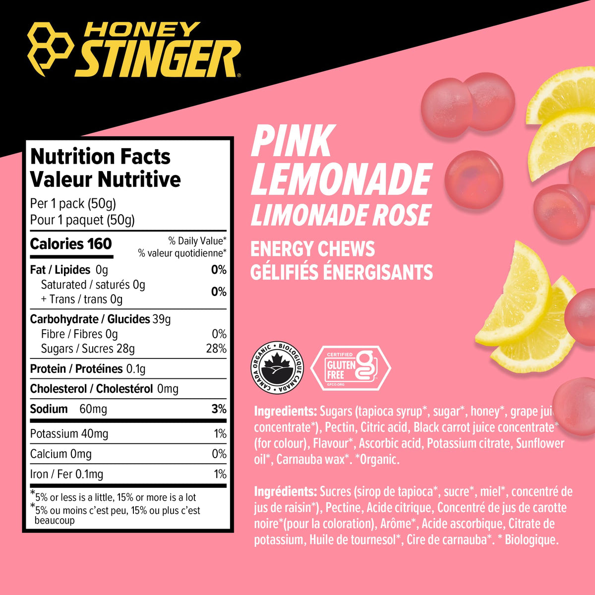 Honey Stinger Organic Pink Lemonade Energy Chew | Gluten Free & Caffeine Free | For Exercise, Running and Performance | Sports Nutrition for Home & Gym, Pre and Mid Workout | 12 Pack, 50g
