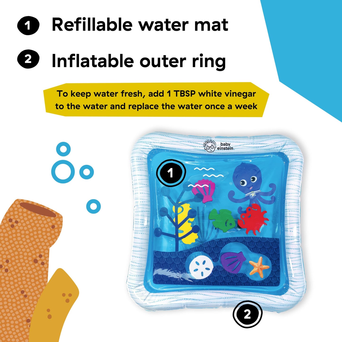 Baby Einstein Octopus Water Play Mat - Safety Fill Line, Tummy Time Activity & Sensory Toy for Babies Newborn & up, Blue Baby Einstein