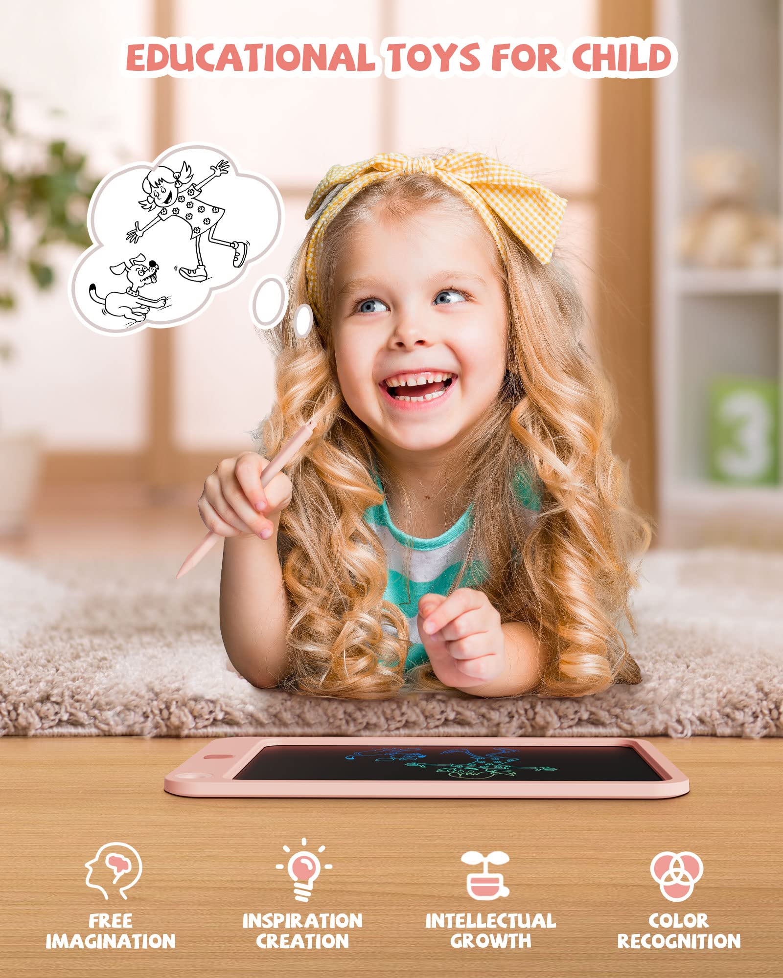 LCD Writing Tablet 10 Inch, Colorful Electronic Doodle Board Drawing Tablet, Memo Board, Drawing Pads with Lanyard, Travel Educational Toys Gifts for Kids Toddlers Age 3 4 5 6 7 8 9 Years Girls(Pink