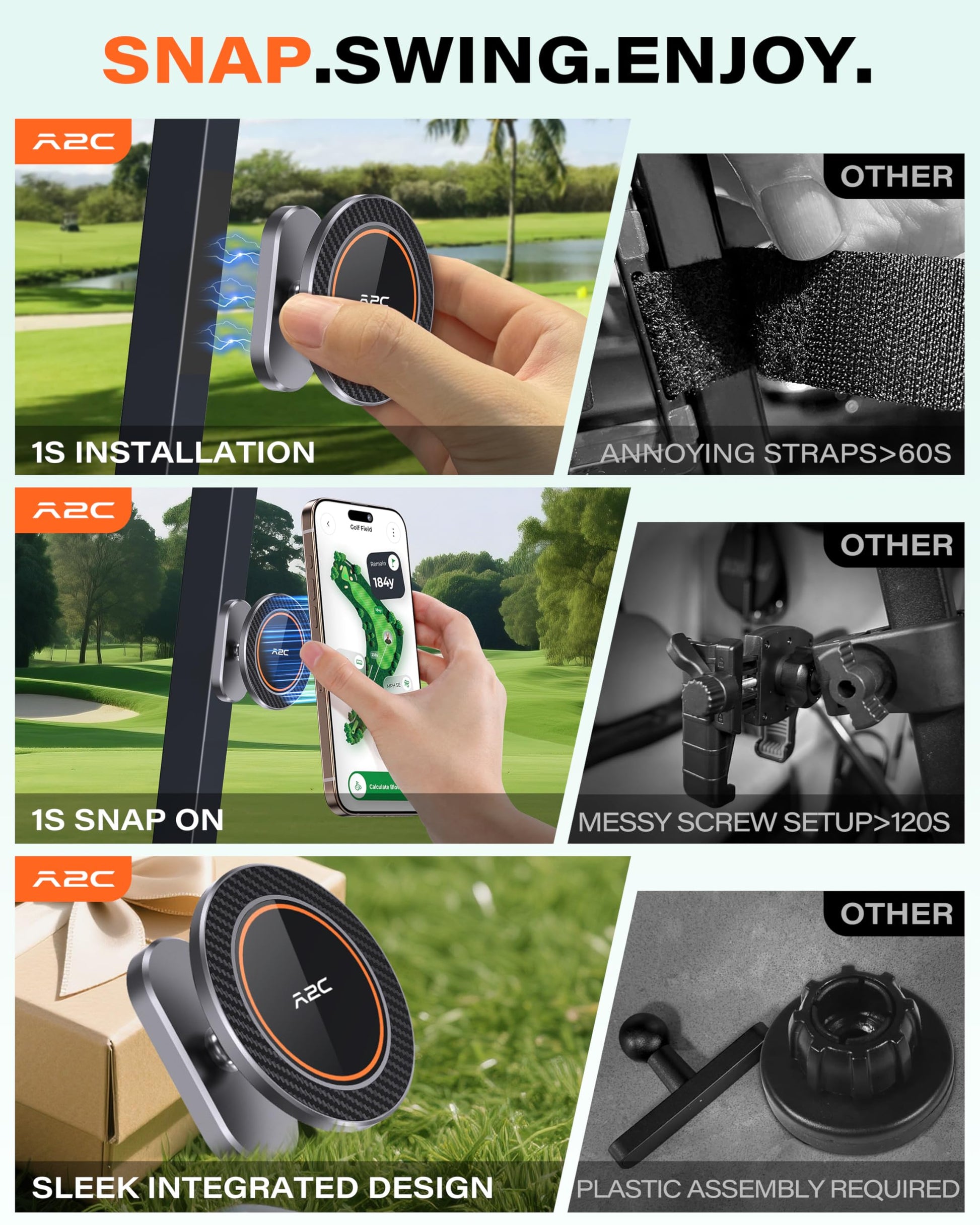 A2C Alloy Magnetic Golf Cart Phone Holder for MagSafe iPhone, Unique Golf Gifts for Men Golfers Dad Father, Gift for Him Husband, Accessories Essentials Gadgets Fits EZGO, Club Car, Yamaha - Available at All In One Marketplace Canada