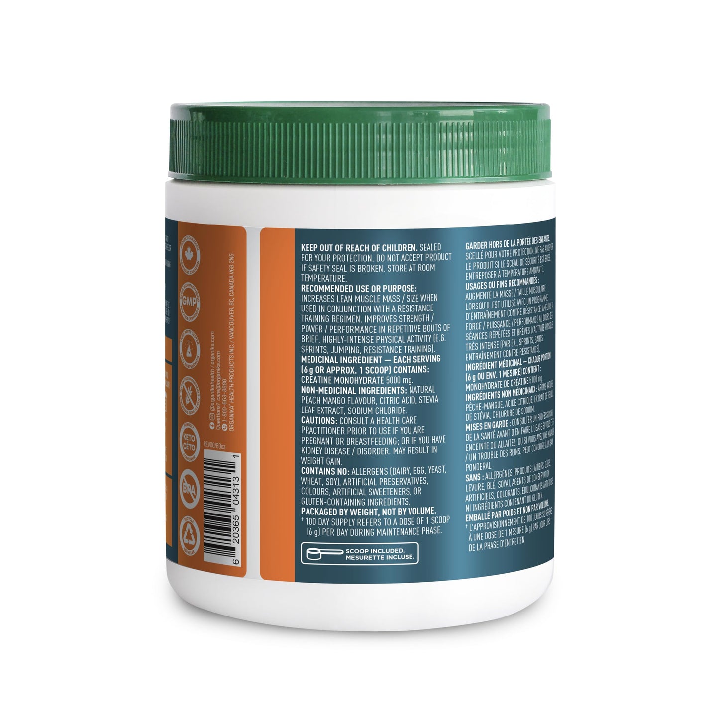 Organika Canadian-Made Creatine Powder- Peach Mango- Pure Micronized Creatine Monohydrate - Helps Build Lean Muscle, Increase Strength, and Improved Recovery and Performance for Men and Women - 600g
