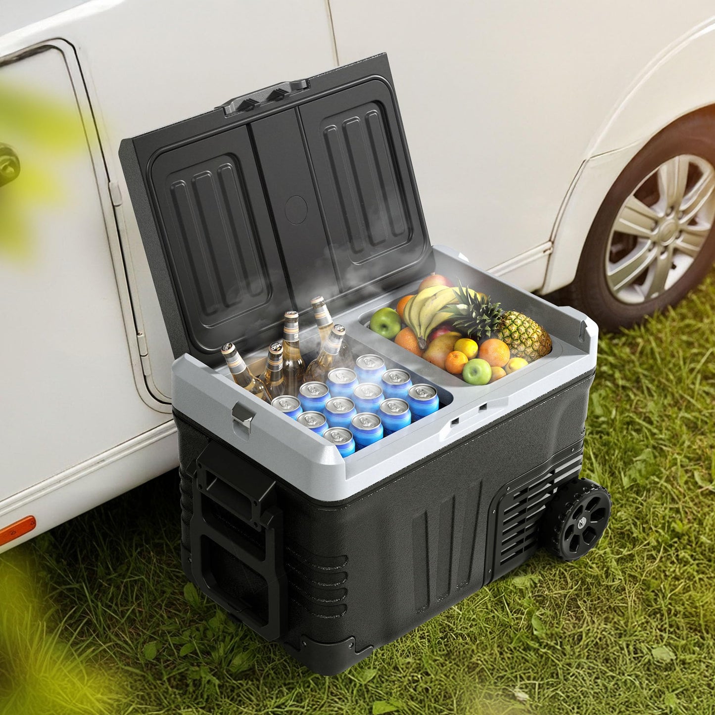 EUHOMY 12 Volt Refrigerator, 53QT(50L) Electric Cooler, Portable Freezer 12V/24V DC 110-240V AC, 12V Fridge -4℉~68℉, 12V Cooler with Wheels & 2 Baskets for Travel, Truck, Boat, Camping
