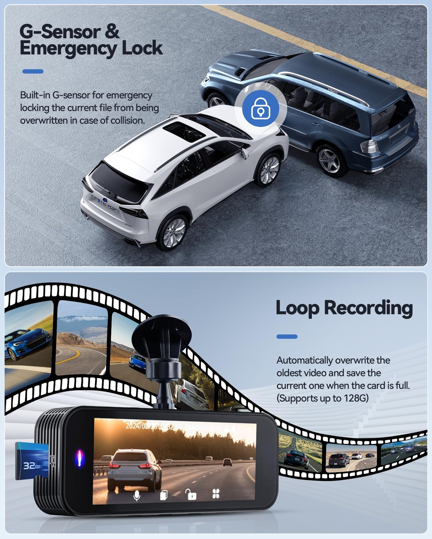 Dash Camera for Cars, 4K+1080P Dash Cam Front and Rear with 5G WiFi, Built-in 32GB Card, Night Vision, G-Sensor, 24H Parking Mode, Loop Recording