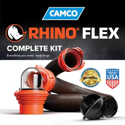 Camco RhinoFLEX 15' Camper/RV Sewer Hose Kit — Includes 4-in-1 Adapter, Clear Elbow, & Caps — Connects to 3″ Slip & 3″, 3 1/2″, 4″ NPT Threaded Sewer Connections (39770)