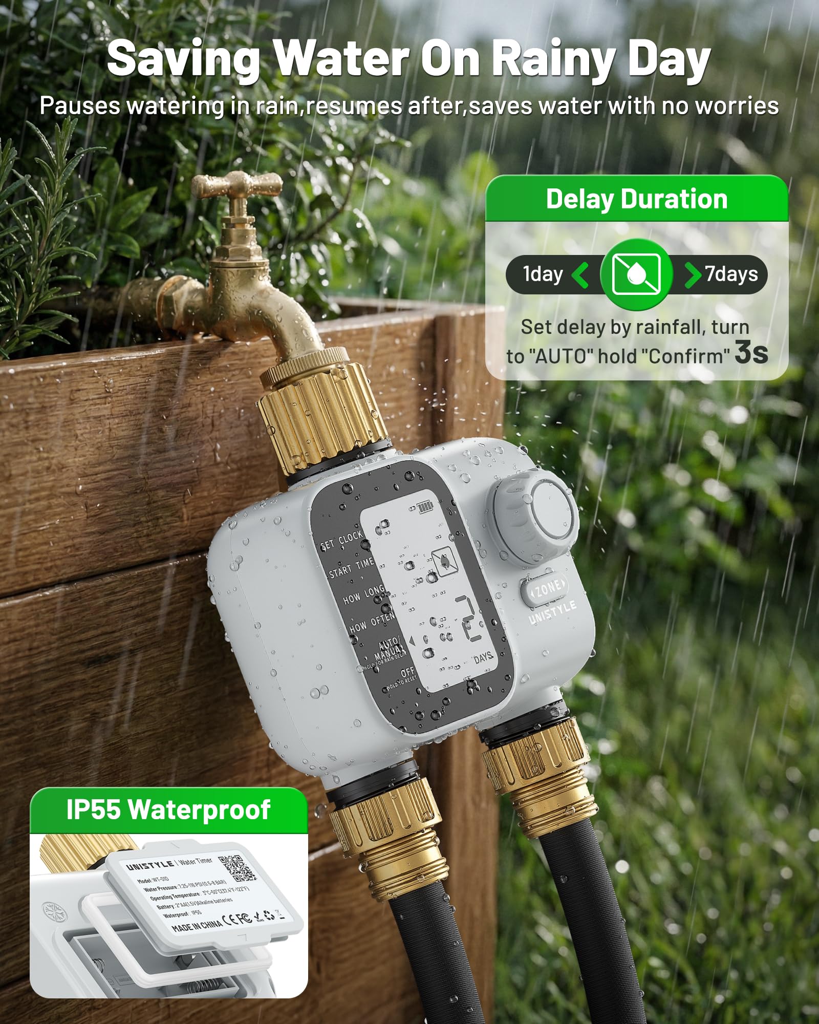 2027 New Upgrade Sprinkler Timer 2 Zone with Brass Inlet, Unistyle Water Timer for Garden Hose with Rain Delay and Manual Water/Automatic Irrigation, Hose Timers for Yard and Lawn Patio - Available at All In One Marketplace Canada