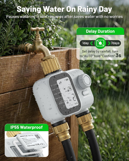 2027 New Upgrade Sprinkler Timer 2 Zone with Brass Inlet, Unistyle Water Timer for Garden Hose with Rain Delay and Manual Water/Automatic Irrigation, Hose Timers for Yard and Lawn Patio - Available at All In One Marketplace Canada