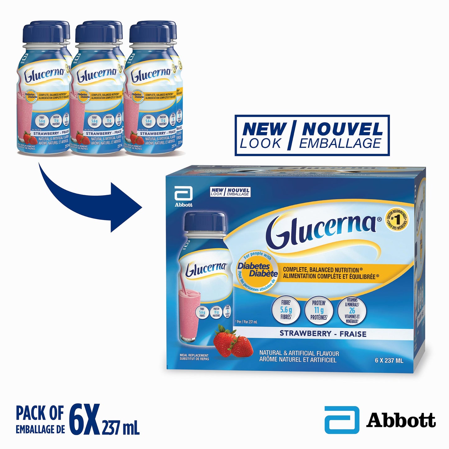 Glucerna Diabetes-Specific Meal Replacement Shakes, Strawberry Flavor, 6-Pack (237 mL Each)