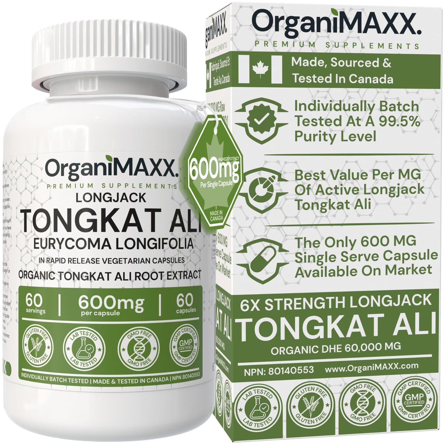 6X Strength Tongkat Ali 600 MG PER SINGLE CAPSULE 60,000 MG Equivalent 100:1 Extract Ratio Highest Potency, OrganiMAXX Longjack Eurycoma Longifolia Non-GMO Premium Tongkat Ali Supplement For Men. - Available at All In One Marketplace Canada