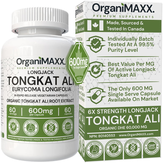 6X Strength Tongkat Ali 600 MG PER SINGLE CAPSULE 60,000 MG Equivalent 100:1 Extract Ratio Highest Potency, OrganiMAXX Longjack Eurycoma Longifolia Non-GMO Premium Tongkat Ali Supplement For Men. - Available at All In One Marketplace Canada