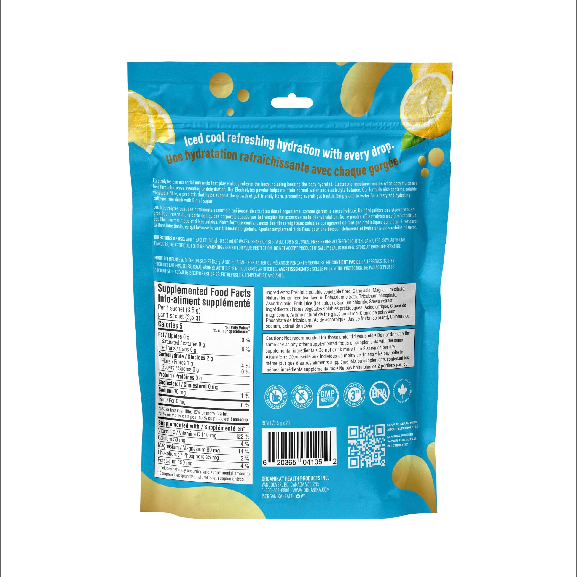 Organika Canadian-Made Electrolytes Powder with Vitamin C & Prebiotic Fibre - Sugar-Free Hydration Drink Mix - Lemon Iced Tea - 20 Single-Serve Sachets x 3.5g