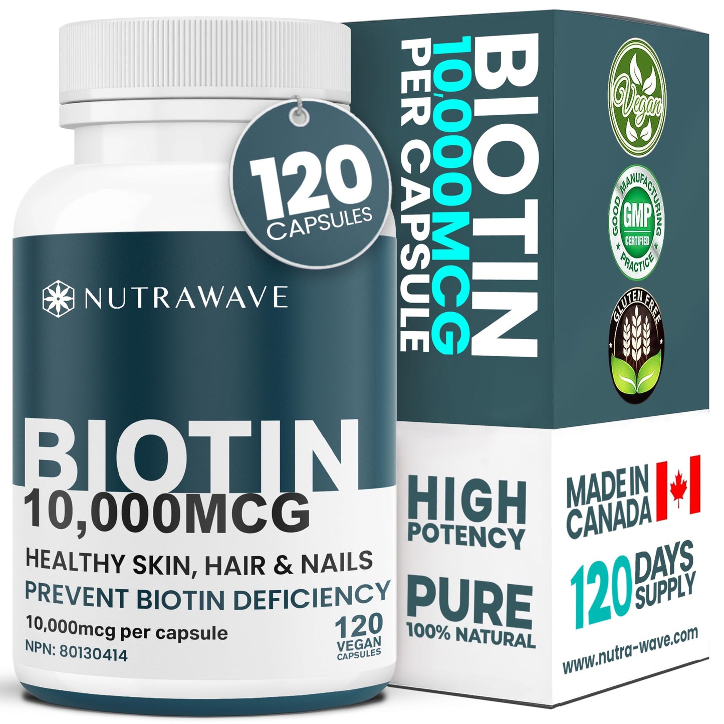 Nutrawave Extra Strength Biotin 10000mcg – Biotin for Hair Growth, Lush Hair, Glowing Skin & Strong Nails, Ideal for Women & Men, Non-GMO, Vegan, Gluten-Free. 120 Capsules - Available at All In One Marketplace Canada