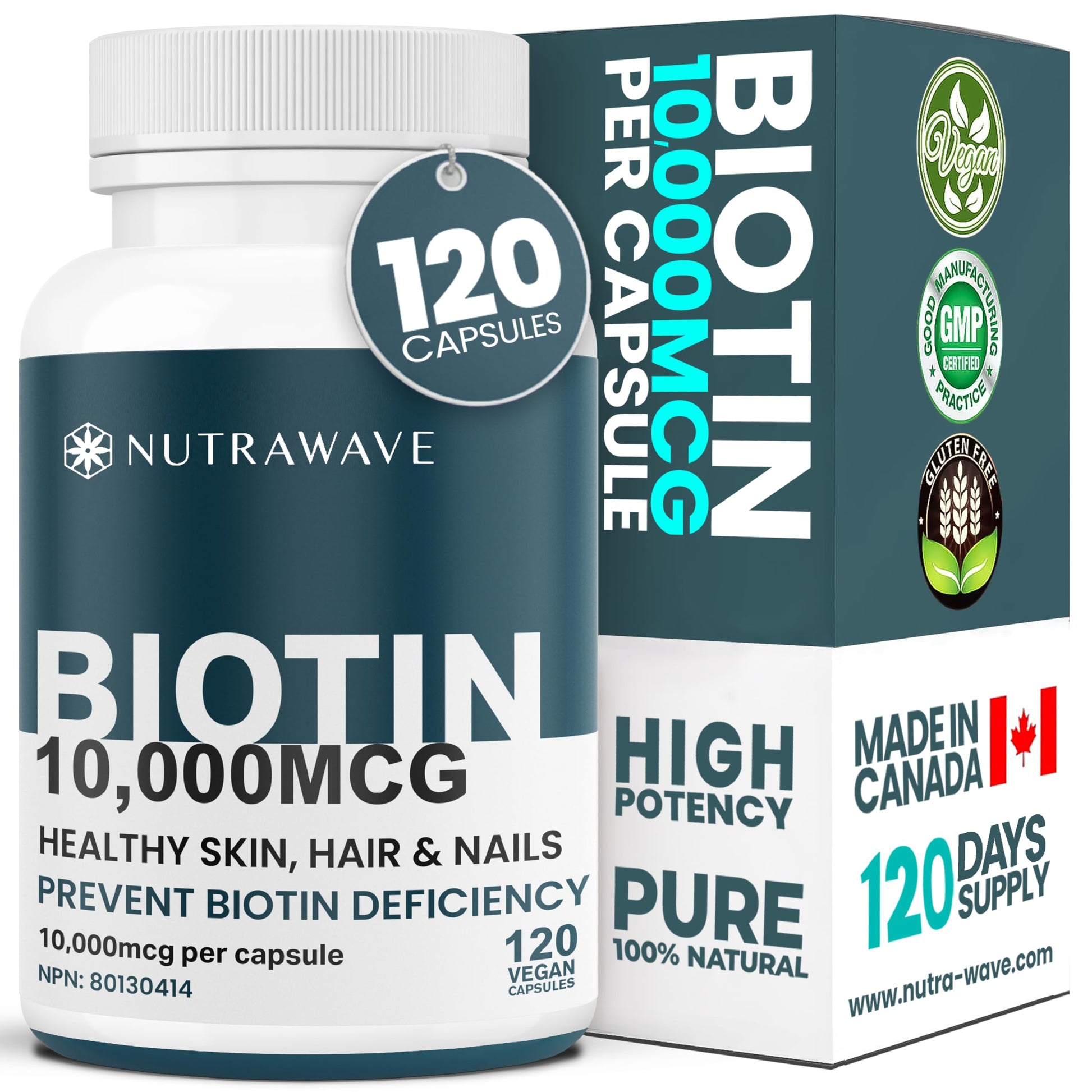 Nutrawave Extra Strength Biotin 10000mcg – Biotin for Hair Growth, Lush Hair, Glowing Skin & Strong Nails, Ideal for Women & Men, Non-GMO, Vegan, Gluten-Free. 120 Capsules - Available at All In One Marketplace Canada