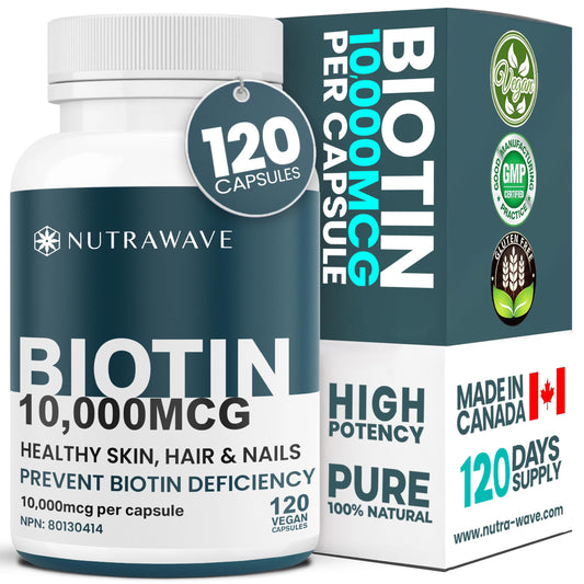 Nutrawave Extra Strength Biotin 10000mcg – Biotin for Hair Growth, Lush Hair, Glowing Skin & Strong Nails, Ideal for Women & Men, Non-GMO, Vegan, Gluten-Free. 120 Capsules - Available at All In One Marketplace Canada