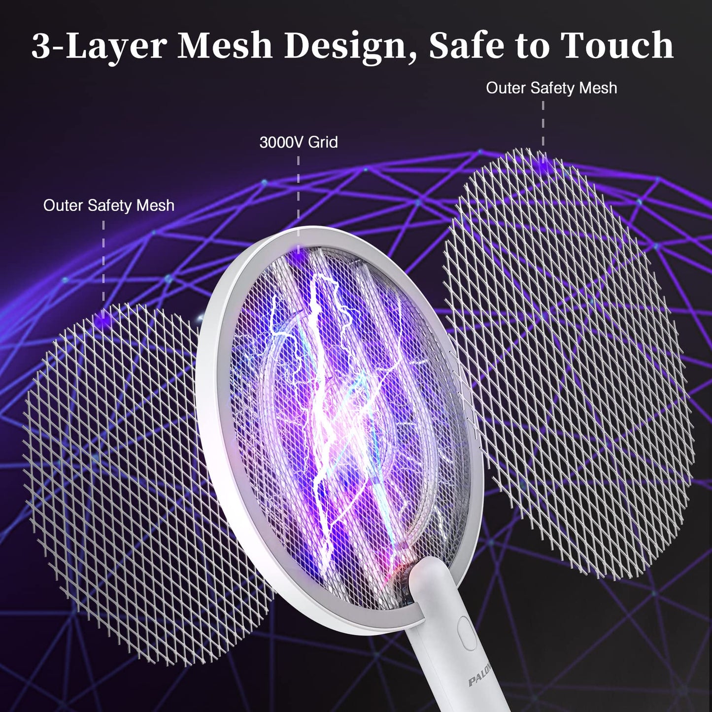 PALONE Bug Zapper Racket, Electric Bug Zapper, 4000V Electric Swatter 3 Layers Lamp, Indoor Zapper Without Waving Hands for Kitchen, Home, Garden and Outdoors