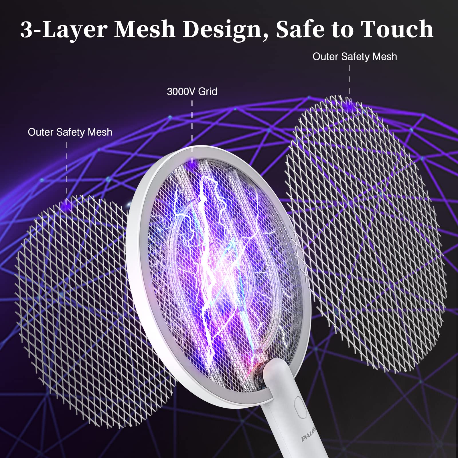 PALONE Bug Zapper Racket, Electric Bug Zapper, 4000V Electric Swatter 3 Layers Lamp, Indoor Zapper Without Waving Hands for Kitchen, Home, Garden and Outdoors