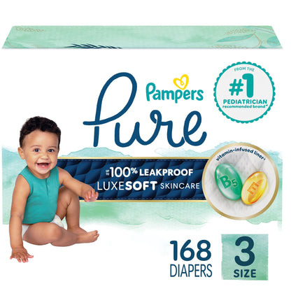 Pampers Pure Protection Diapers - Size 3, 168 Count, Hypoallergenic Unscented Disposable Baby Diapers