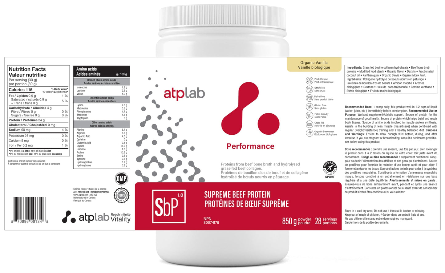 ATP LAB Supreme Beef Protein Powder Grass Fed 850g - Vanilla Flavor with Bone Broth & Hydrolyzed Collagen