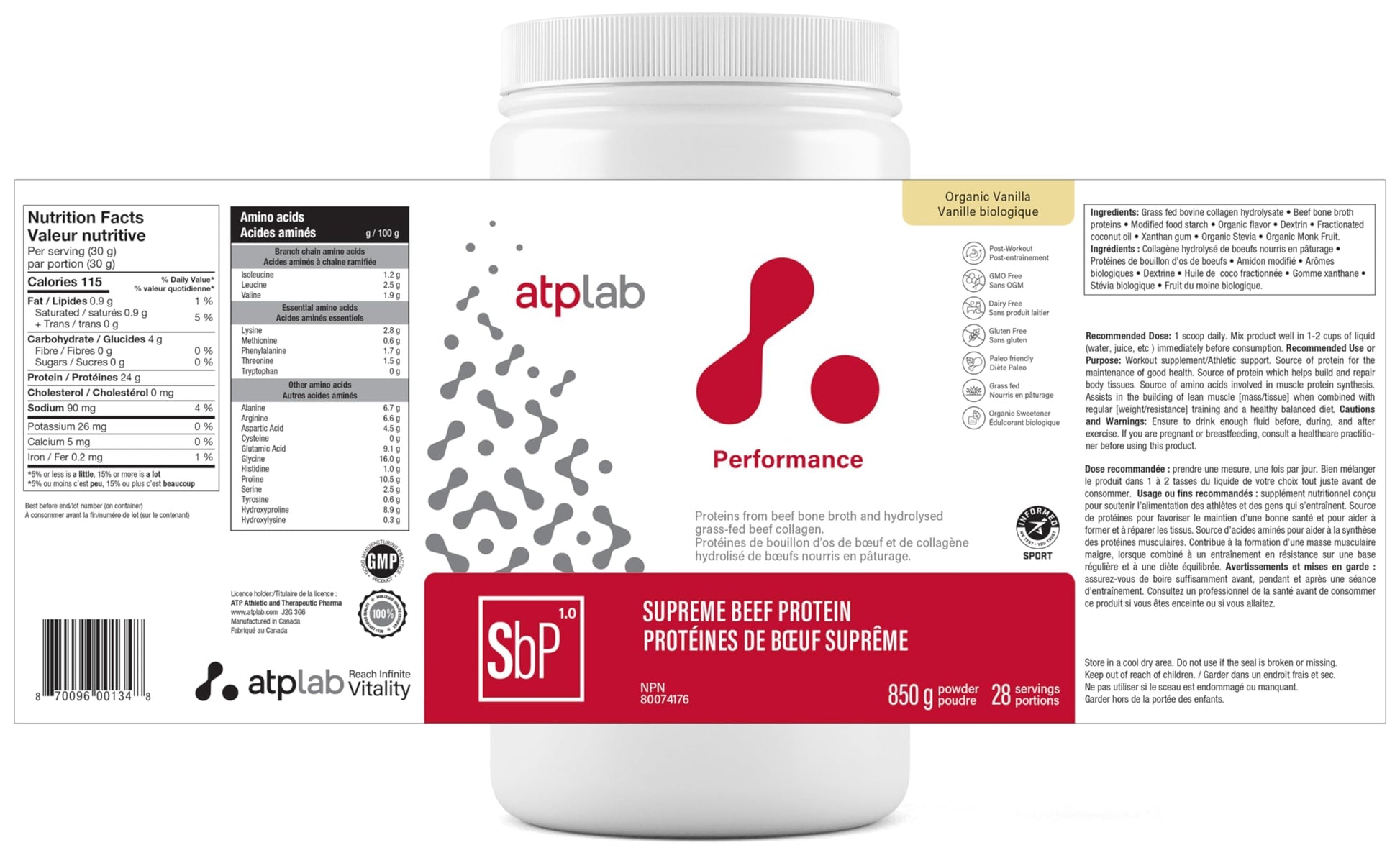 ATP LAB Supreme Beef Protein Powder Grass Fed 850g - Vanilla Flavor with Bone Broth & Hydrolyzed Collagen