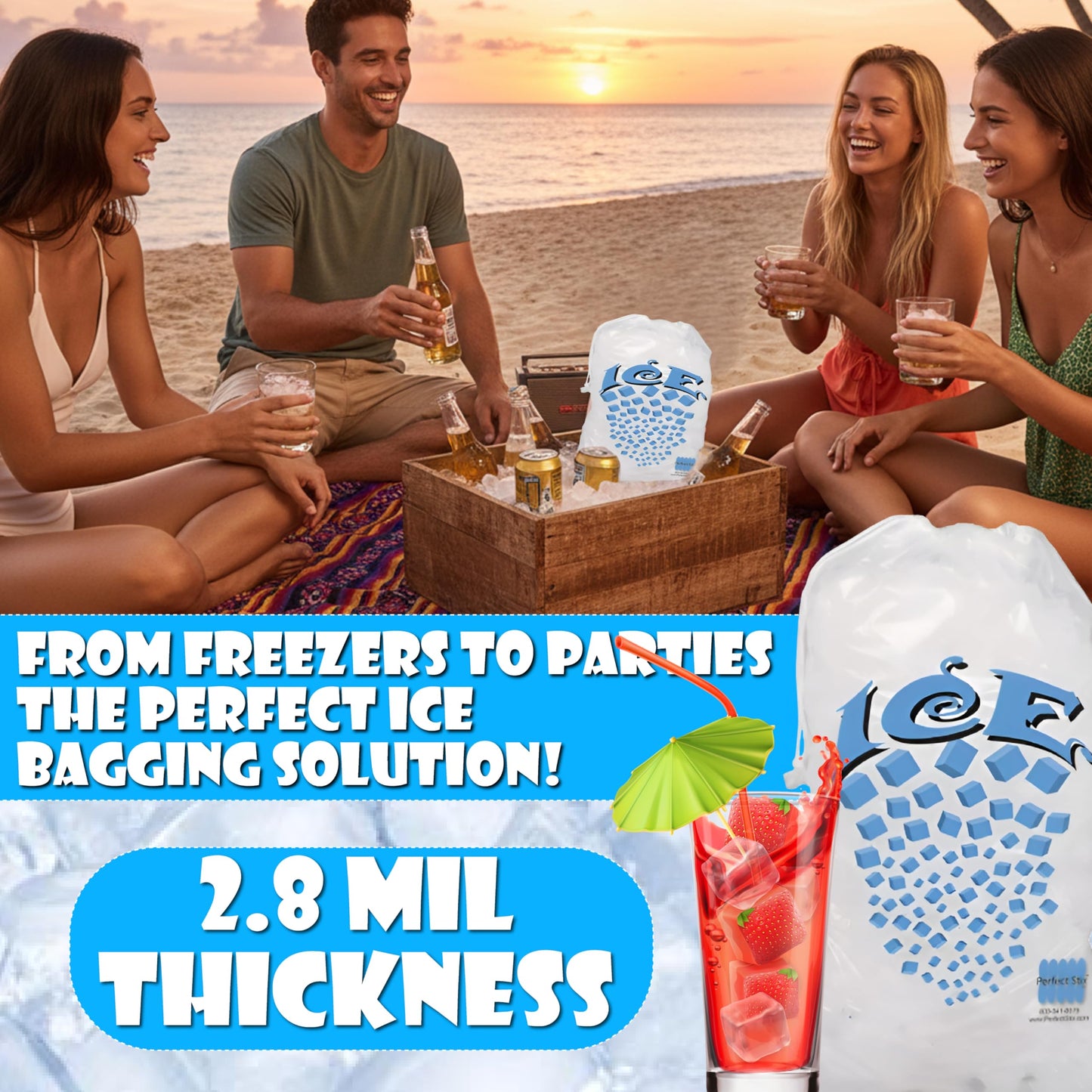 Concession Essentials 8 lb Drawstring Ice Bags – Pack of 100 | Durable Heavy-Duty Plastic Ice Storage Bags with Secure Drawstring Closure | Perfect for Ice Packaging, Parties, Camping, and Commercial Concession Essentials