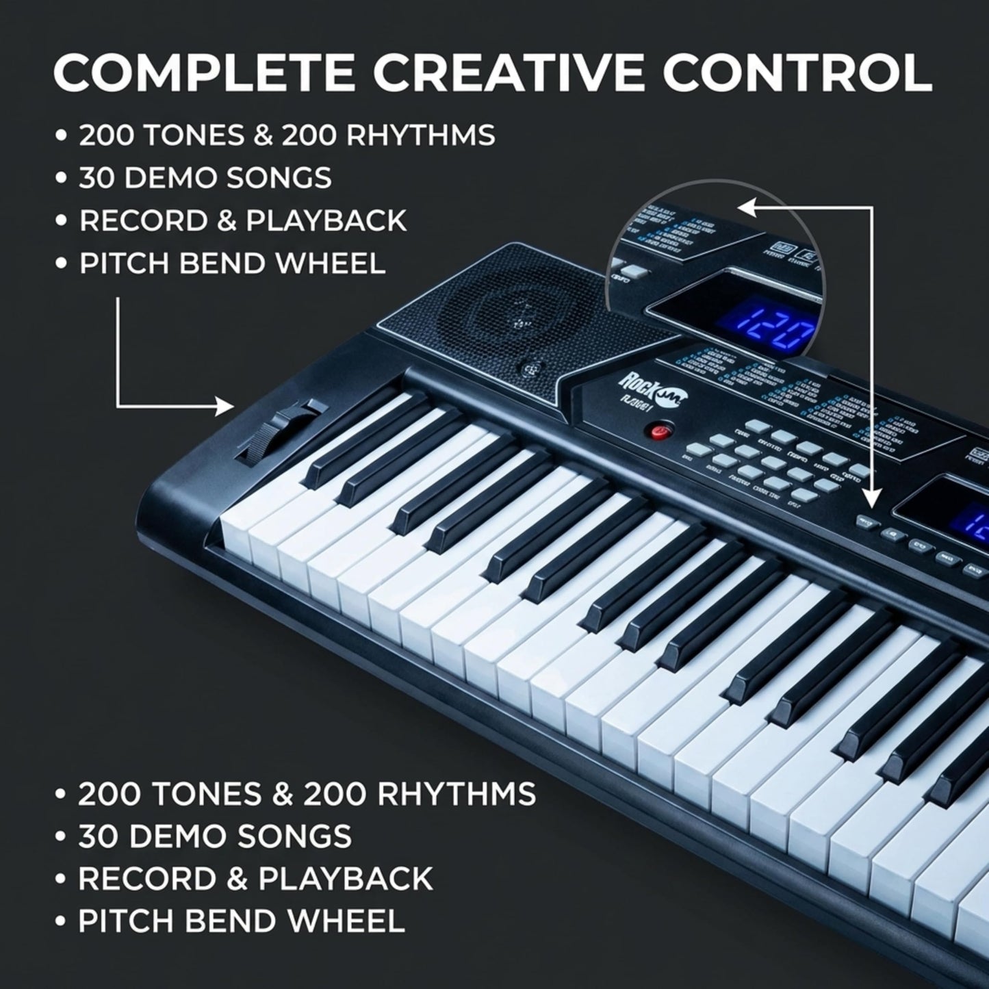RockJam 61 Key Keyboard Piano With Pitch Bend Kit, Keyboard Stand, Piano Bench, Headphones, Simply Piano App & Keynote Stickers