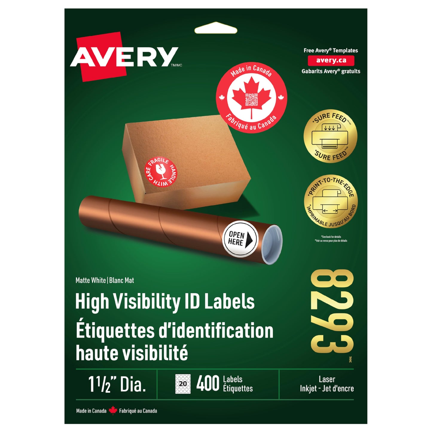 Avery High Visibility Labels with Surefeed Technology, Print to The Edge 1.5" Dia. White Round Permanent Labels, for Laser/Inkjet Printers, 400 Labels, (8293), Made in Canada Avery