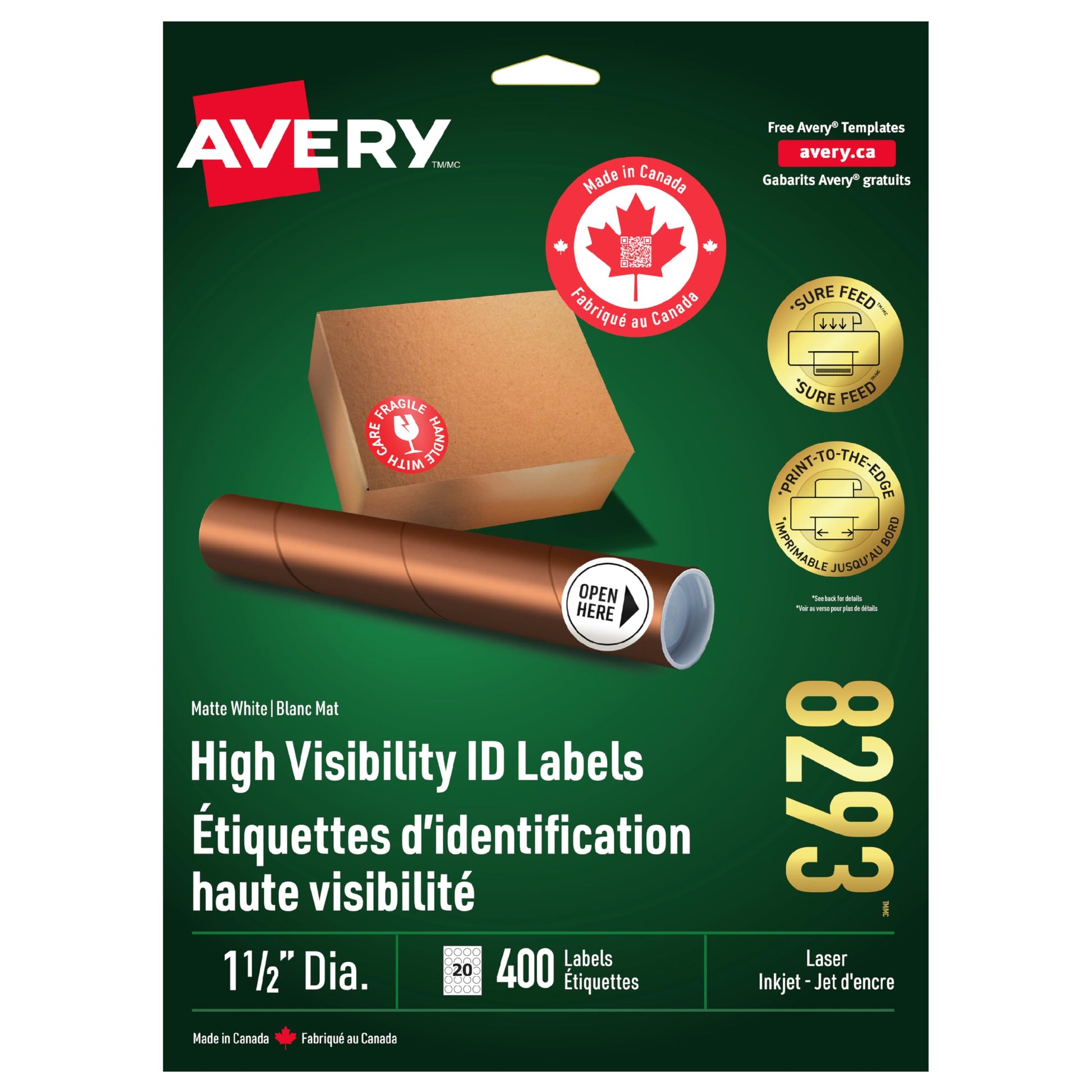 Avery High Visibility Labels with Surefeed Technology, Print to The Edge 1.5" Dia. White Round Permanent Labels, for Laser/Inkjet Printers, 400 Labels, (8293), Made in Canada Avery