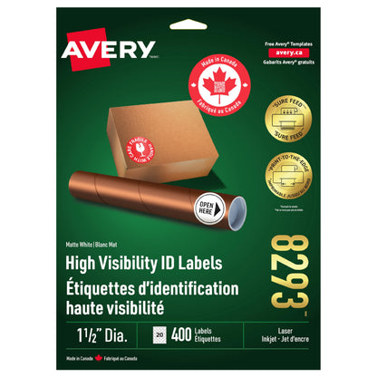 Avery High Visibility Labels with Surefeed Technology, Print to The Edge 1.5" Dia. White Round Permanent Labels, for Laser/Inkjet Printers, 400 Labels, (8293), Made in Canada Avery