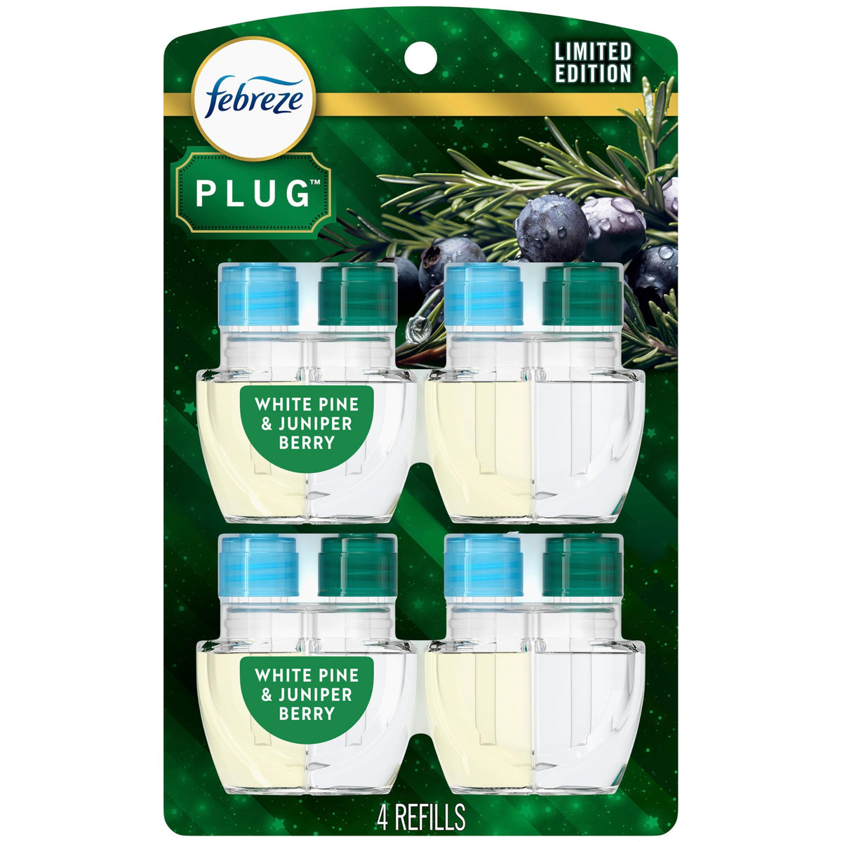 Febreze Plug In Air Freshener, Odor-Fighting Scented Oil Refill, Air Fresheners for Home and Bathroom and Kitchen, Long Lasting for Strong Odors, White Pine & Juniper Berry Scent, 4 Count