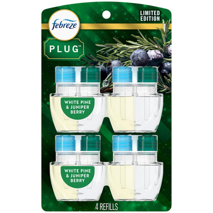 Febreze Plug In Air Freshener, Odor-Fighting Scented Oil Refill, Air Fresheners for Home and Bathroom and Kitchen, Long Lasting for Strong Odors, White Pine & Juniper Berry Scent, 4 Count