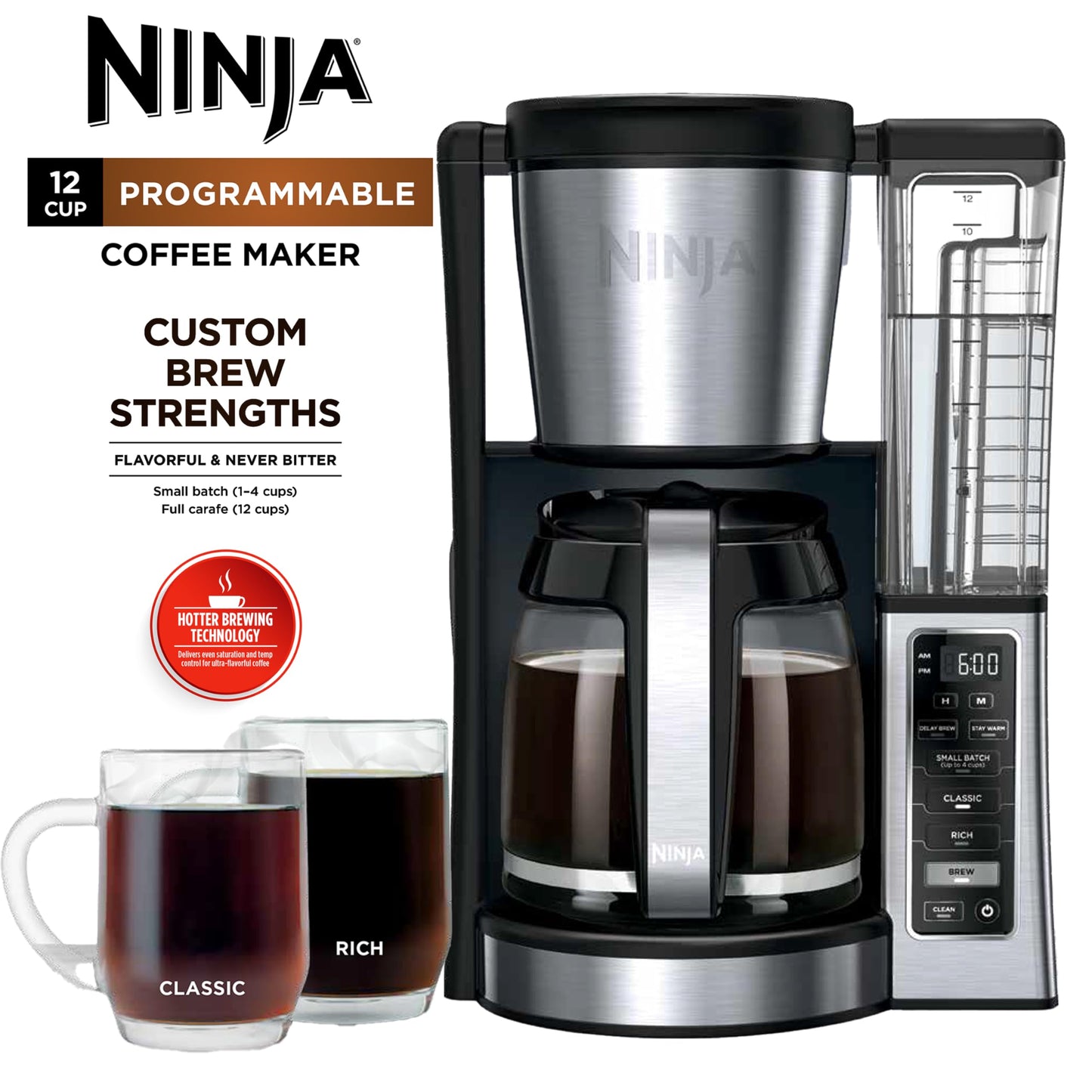 Ninja 12-Cup Programmable Coffee Maker with Glass Carafe – Classic & Rich Brew Styles, Delay Brew & Removable 60oz Water Reservoir, Black/Stainless Steel, CE250C (Canadian Version) Ninja