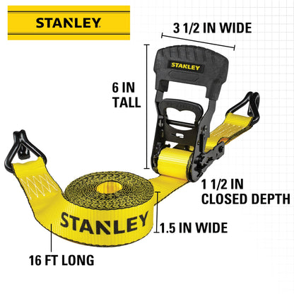 Stanley S1007 Black/Yellow 1.5" x 16' Ratchet Tie Down Straps - Heavy Cargo Securing (3,300 lbs Break Strength), 2 Pack Stanley