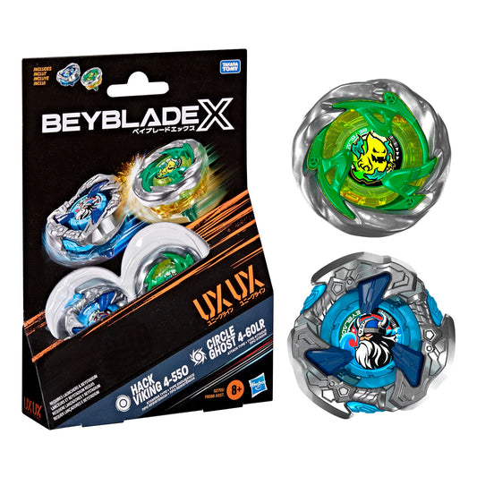 Beyblade X Circle Ghost 4-60LR UX & Hack Viking 4-55O UX Takara Tomy Dual Pack Set with 2 Right-Spinning Tops, Battling Tops Game Toys, Ages 8+ BEYBLADE