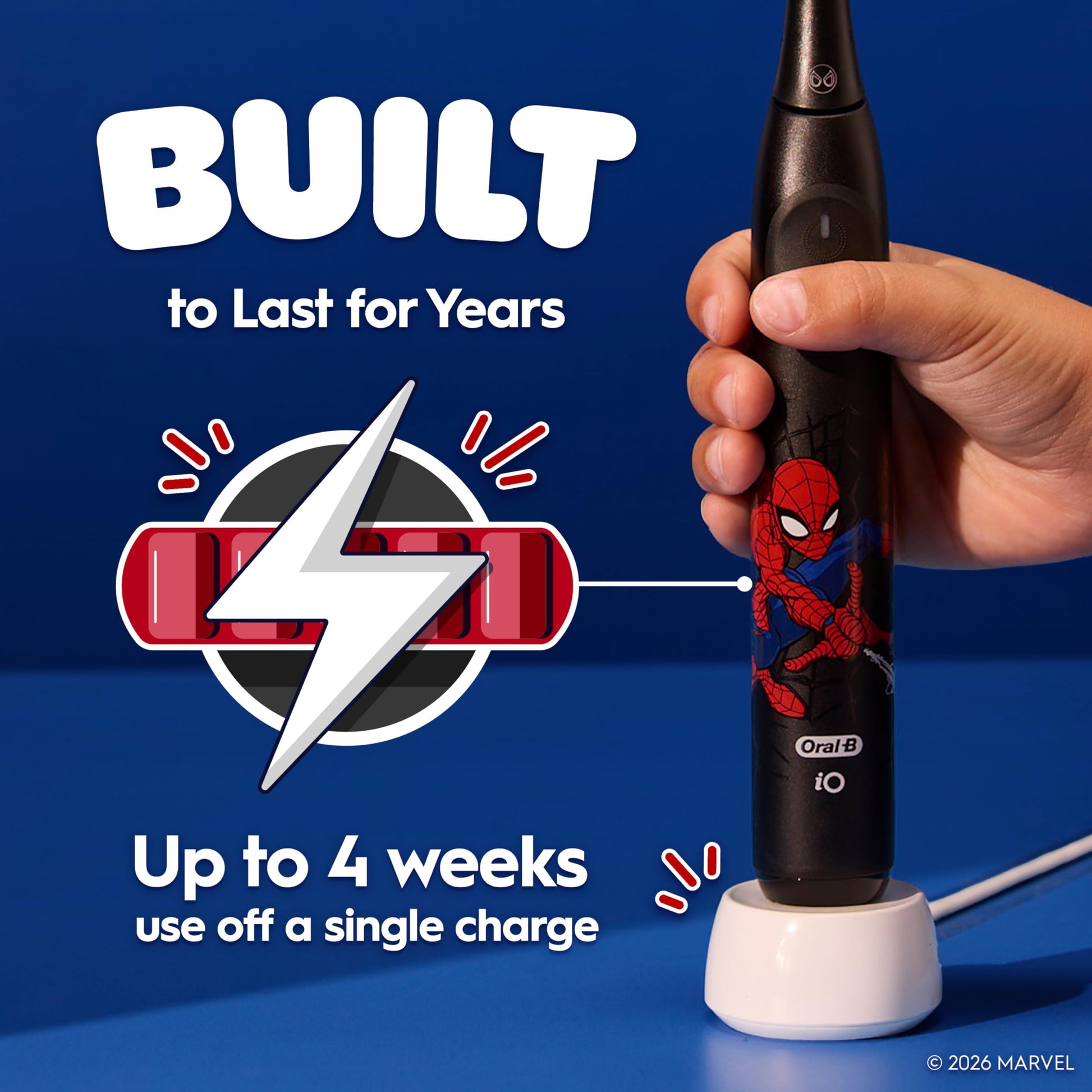 Oral-B iO Kids Limited Rechargeable Electric Powered Toothbrush, Spiderman with 1 Gentle Care Brush Head - Automatic Pressure Sensor to Protect Gums - 3 Cleaning Settings - 2 Min Music Timer - Travel Case - 28 Day Battery Life Oral-B