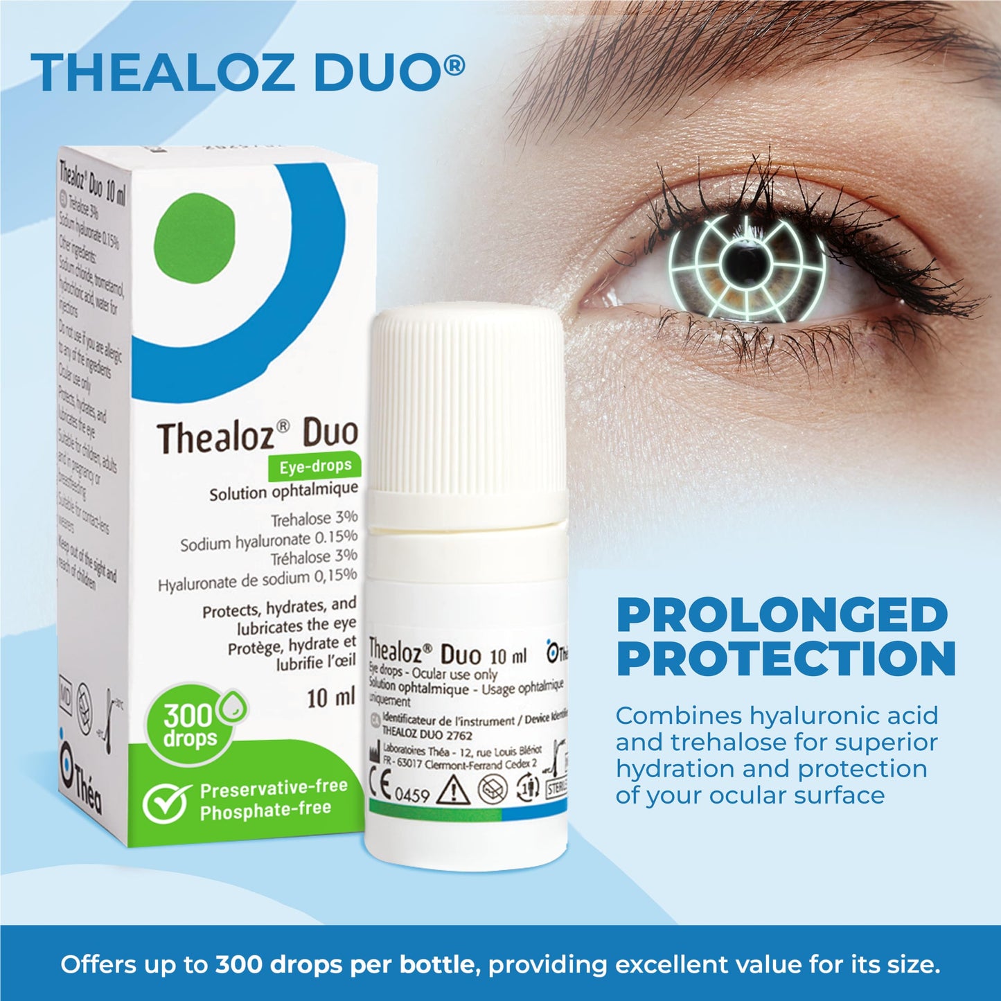 Thealoz Duo Eye Drops (2x10ml) - Clinically Proven Formula for Dry Eyes, Hydration with Hyaluronic Acid & Trehalose, Soothes & Lubricates, Tear Film Stabilization, Contact Lens Compatible (600 Drops)