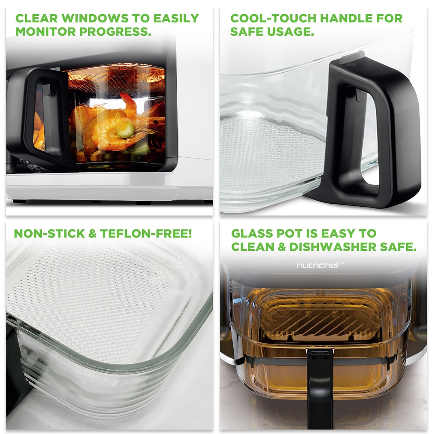 Nutrichef 5.8 Quart Air Fryer | 8-1 Preset Cook Modes | Transparent Fry Bowl for Best Cooking Results | Cook Shrimp, Steak, Fries, Wings, Chicken & More | Precise Temperature Control & Time | White NutriChef