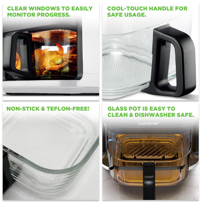 Nutrichef 5.8 Quart Air Fryer | 8-1 Preset Cook Modes | Transparent Fry Bowl for Best Cooking Results | Cook Shrimp, Steak, Fries, Wings, Chicken & More | Precise Temperature Control & Time | White NutriChef