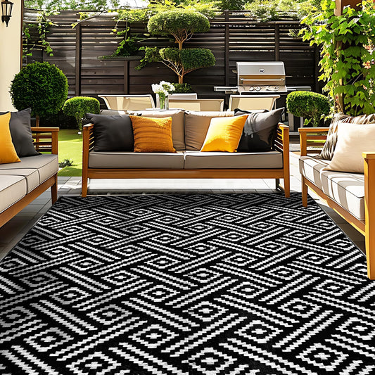 OPPODREAM Outdoor Rug 5x7 Ft, Waterproof Outdoor Plastic Straw Rug for Patio, Reversible Out Door Carpet for Camping, Deck, Rv, 5 x 7 Area Carpet Balcony, Porch, Backyard, Black and White