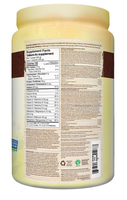 Garden of Life Raw Organic Protein, Chocolate, 664g. Packed with 22 Grams of Certified Organic Plant Protein, including organic peas grown and processed in Canada.