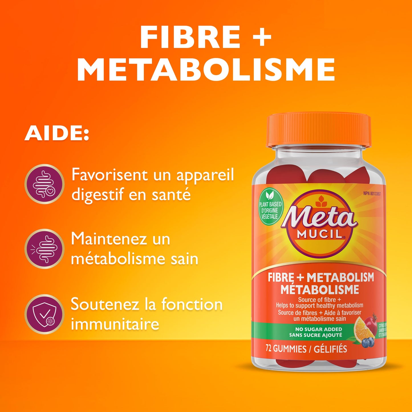 Metamucil, Fibre + Metabolism Gummy Supplement for Digestive Health, Plant Based, No Sugar Added, Citrus Berry Flavored, 72 Gummies
